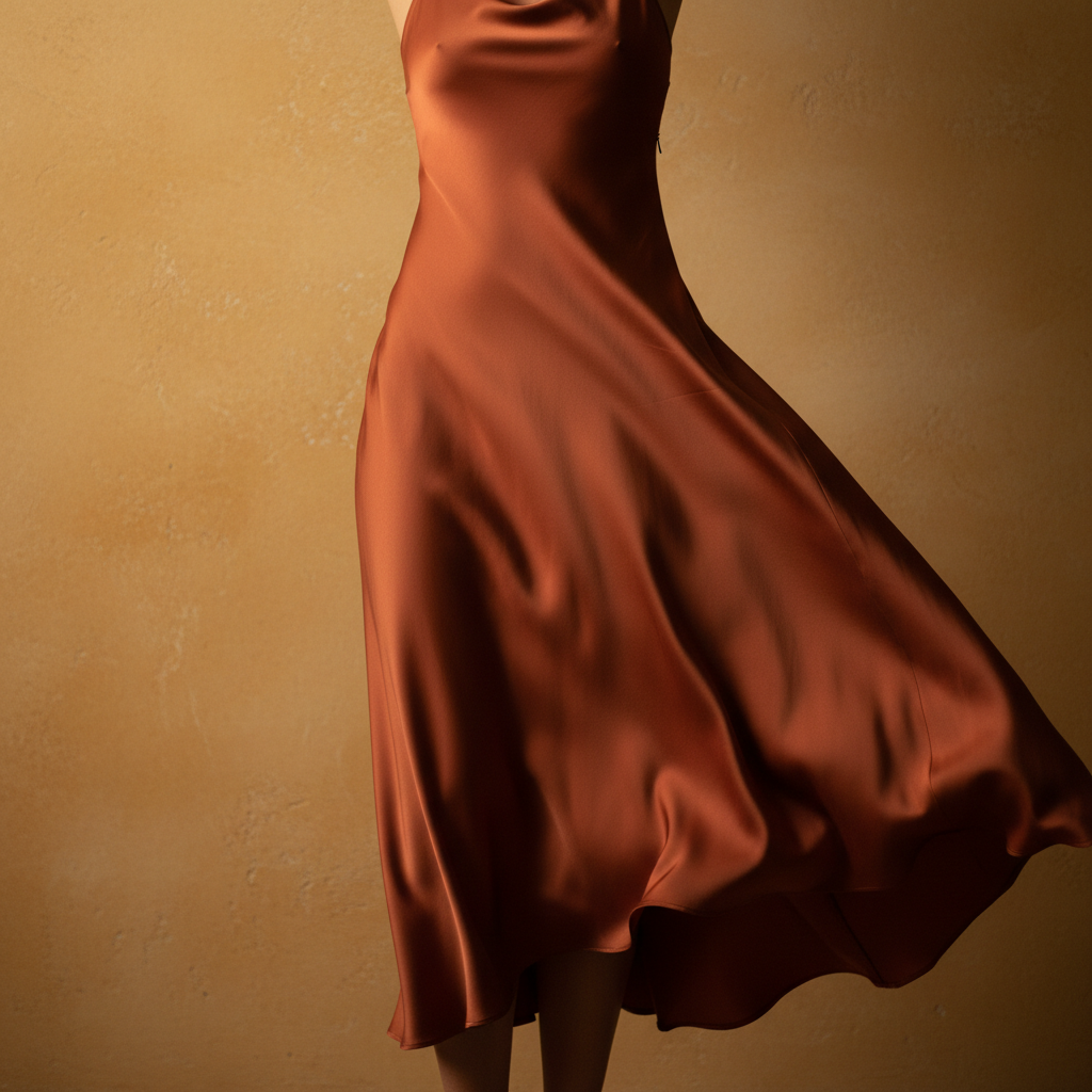 SLF Silk Midi Dress — flowing champagne silk dress on a model in warm natural light