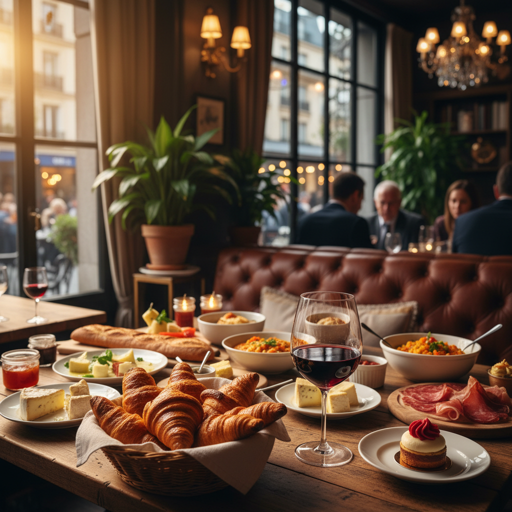 Long communal dining table with multiple dishes, bread baskets, and warm restaurant ambiance