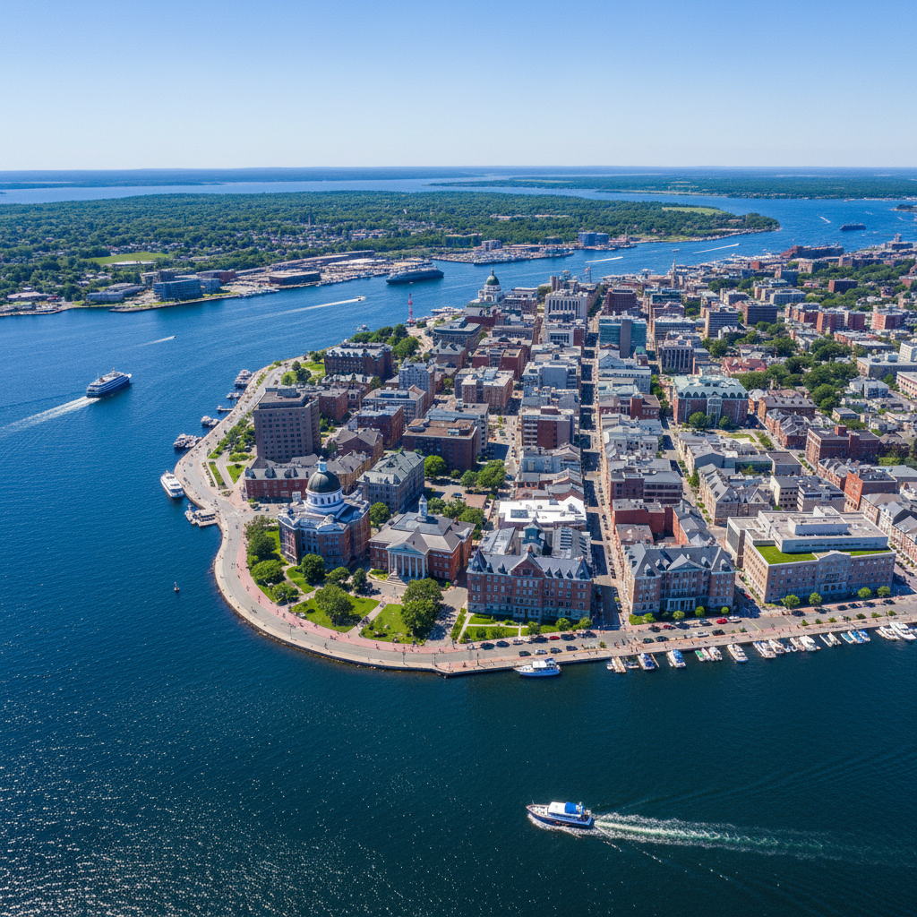 Aerial view of downtown Charlottetown, Prince Edward Island, showing the harbour and historic buildings on a clear summer day