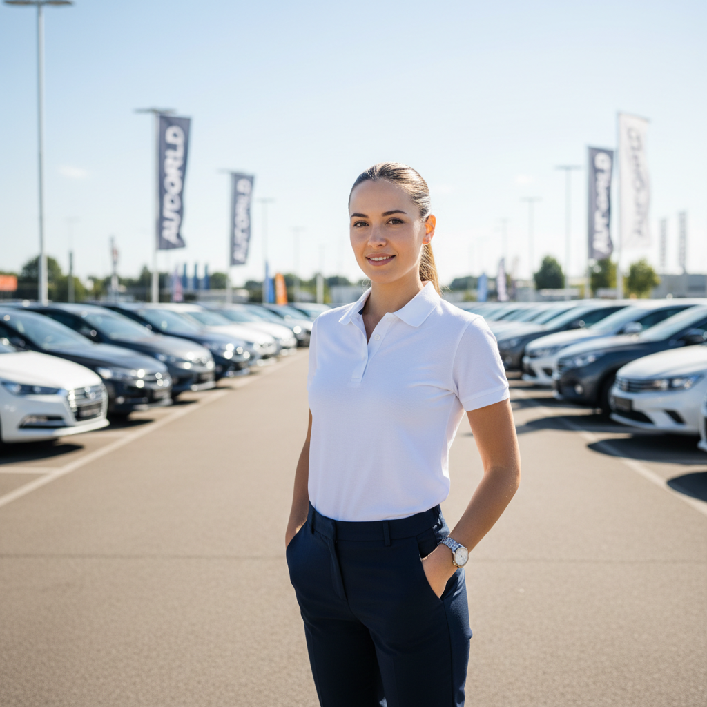 Sandra Obi, dealership lot operations lead wearing a white polo shirt outdoors in a car lot