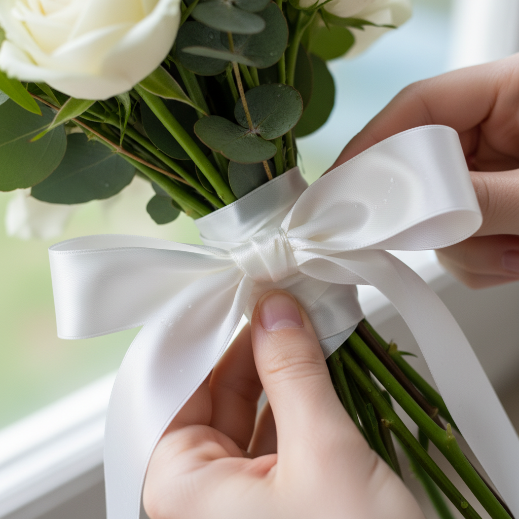 Close detail of a white satin ribbon being tied around a flower arrangement stem