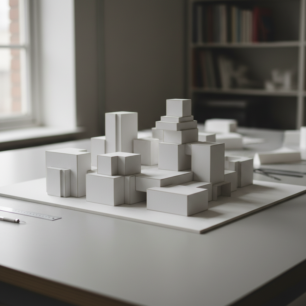 Architectural model photograph showing massing study in white card
