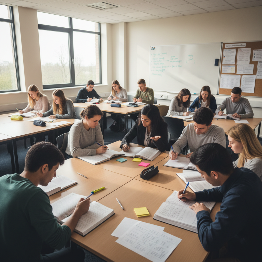 Children studying together at a simple wooden desk, warm natural light from window