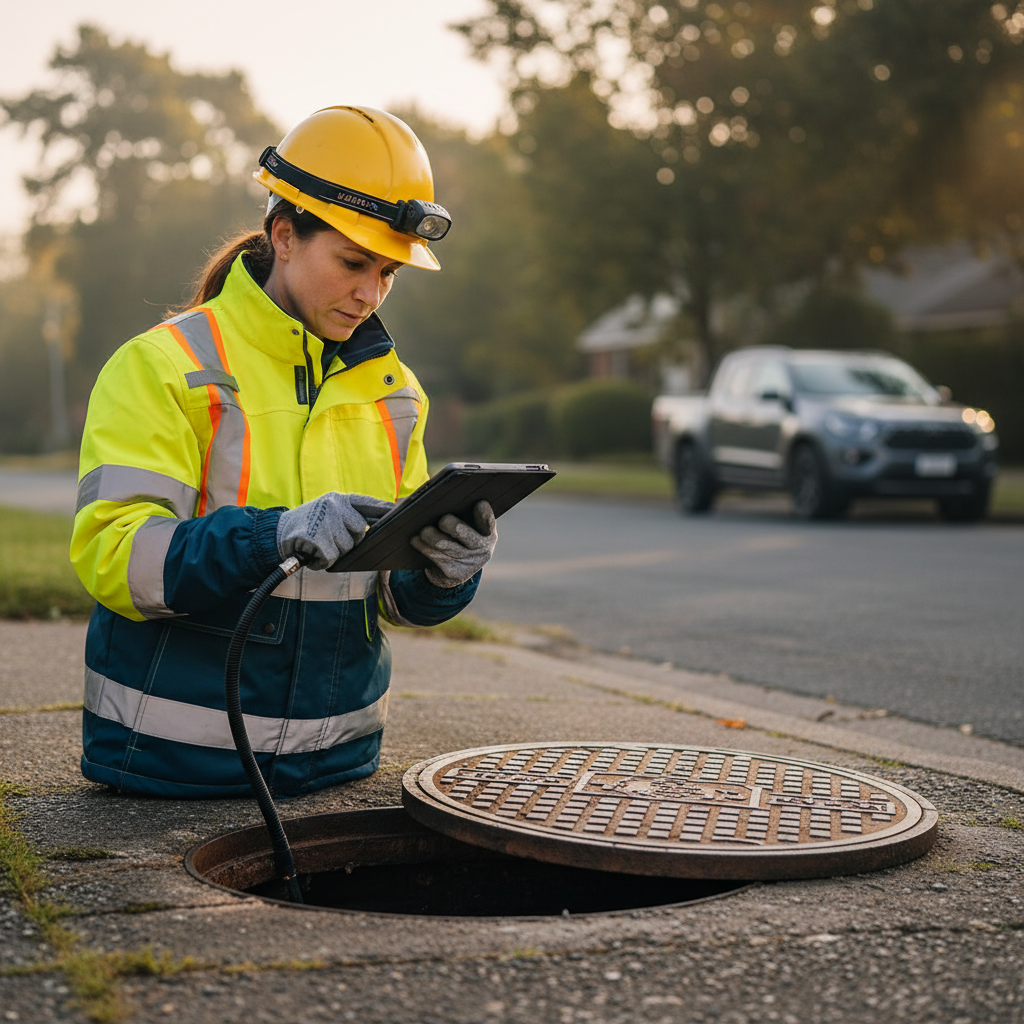 Female technician in high-visibility vest holding inspection equipment beside drainage access point in early morning light