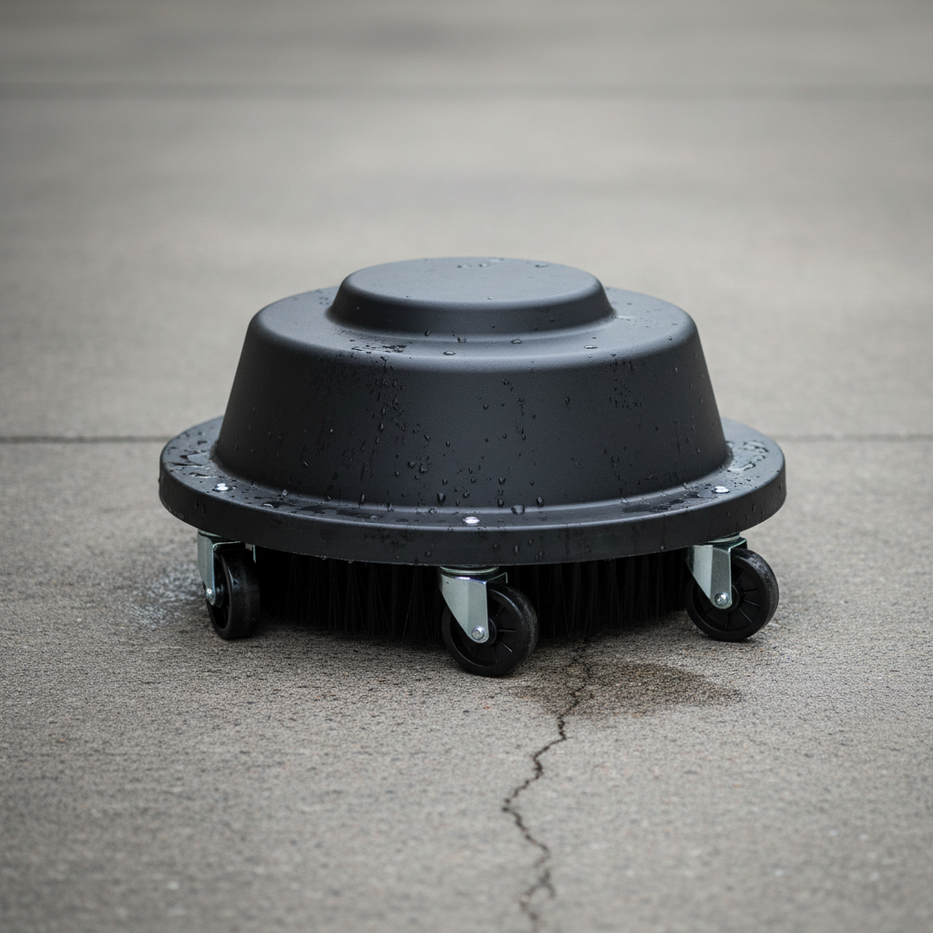 Round black surface cleaner attachment with wheels on concrete driveway