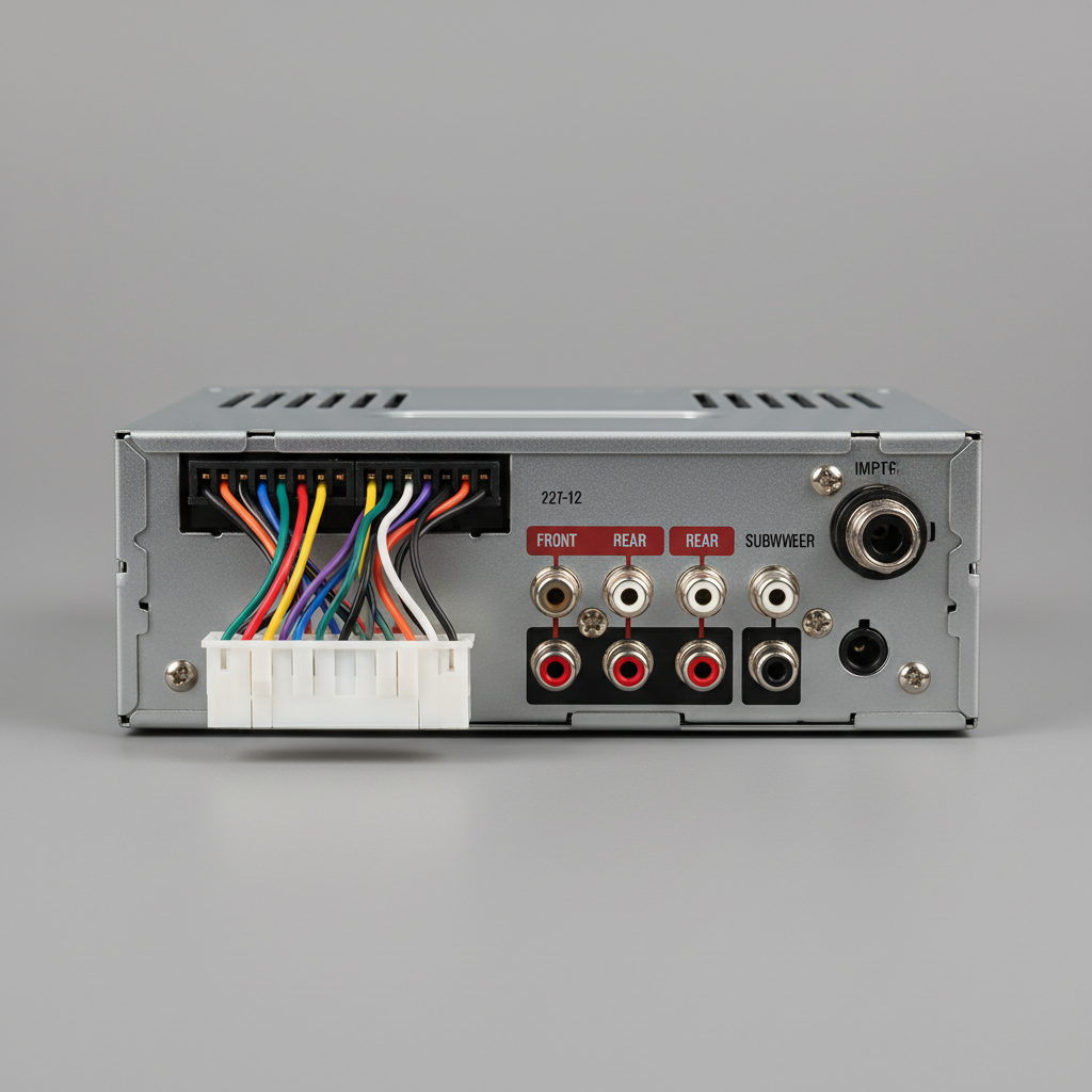 Car stereo unit rear view showing wiring harness and RCA outputs