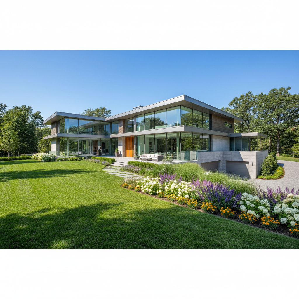 Modern executive home in a suburban neighborhood with well-maintained landscaping