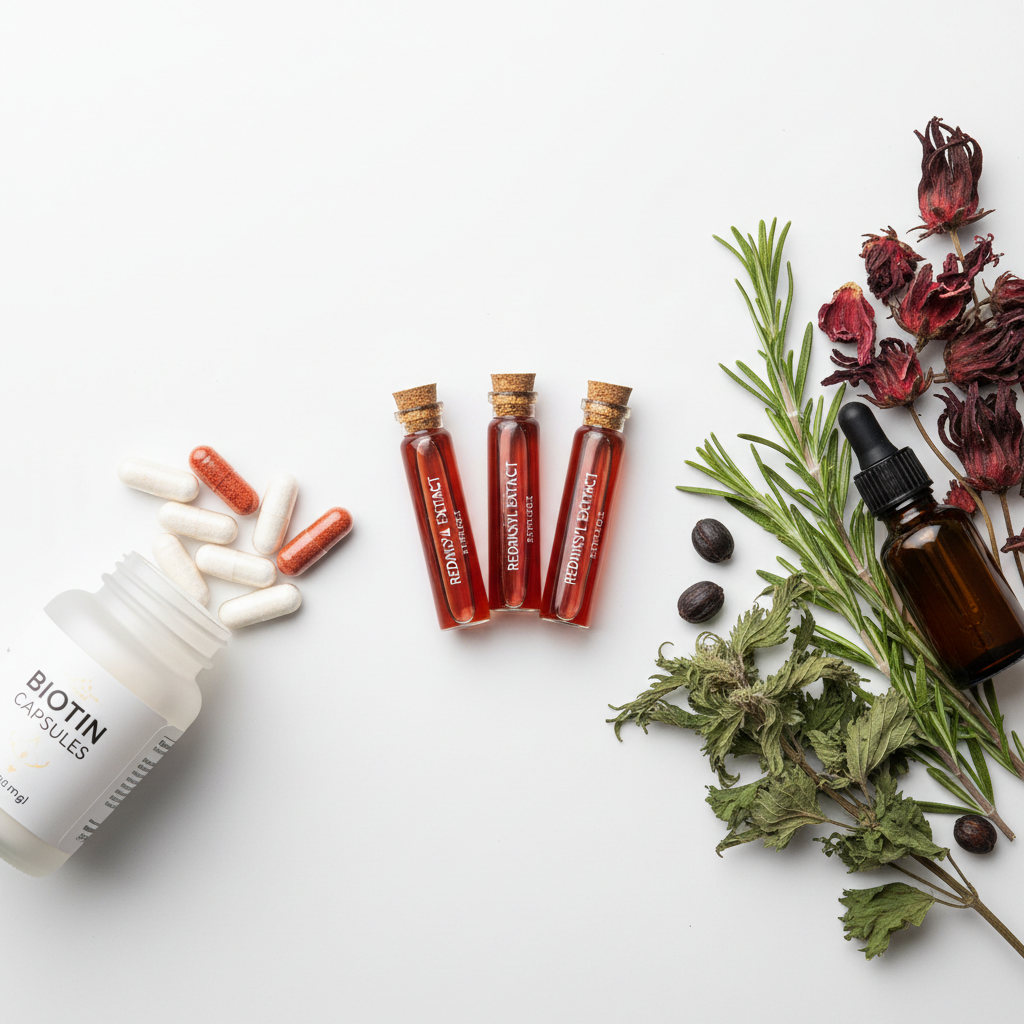 Ingredient flat lay: redensyl extract vials, biotin capsules, botanical herbs on white surface