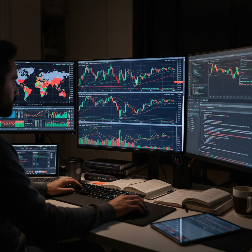 Individual investor reviewing market charts on multiple screens, dark office environment, professional setting with focused lighting