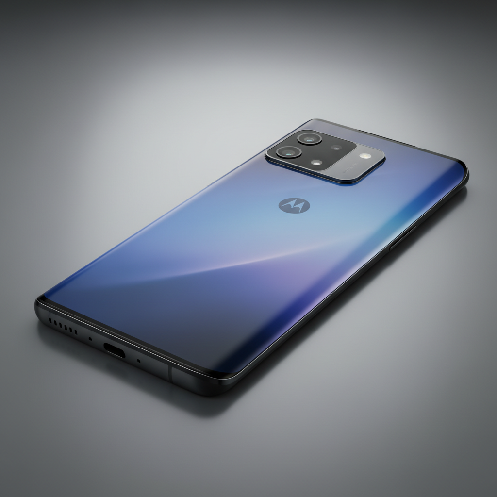 Blue Motorola smartphone on white background showing curved edges