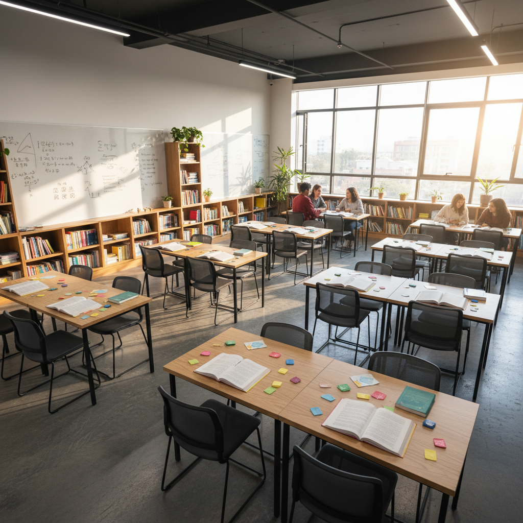 Classroom with bright natural light, students at desks, clean airy educational environment