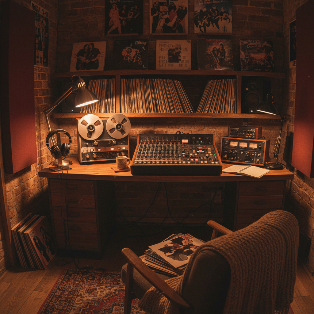 Music studio with soft lighting and analog synthesizer