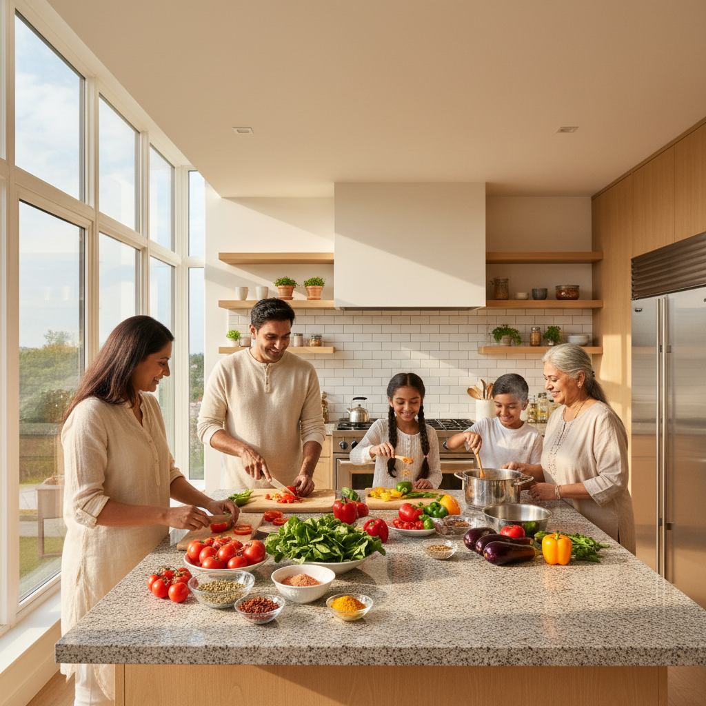 Happy Indian child eating fresh fruit and vegetables in bright kitchen warm natural light smiling