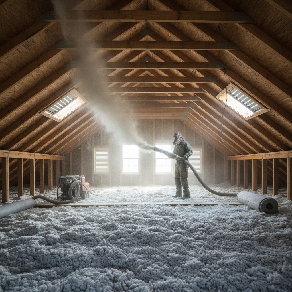 Attic space being insulated with loose-fill blown-in insulation