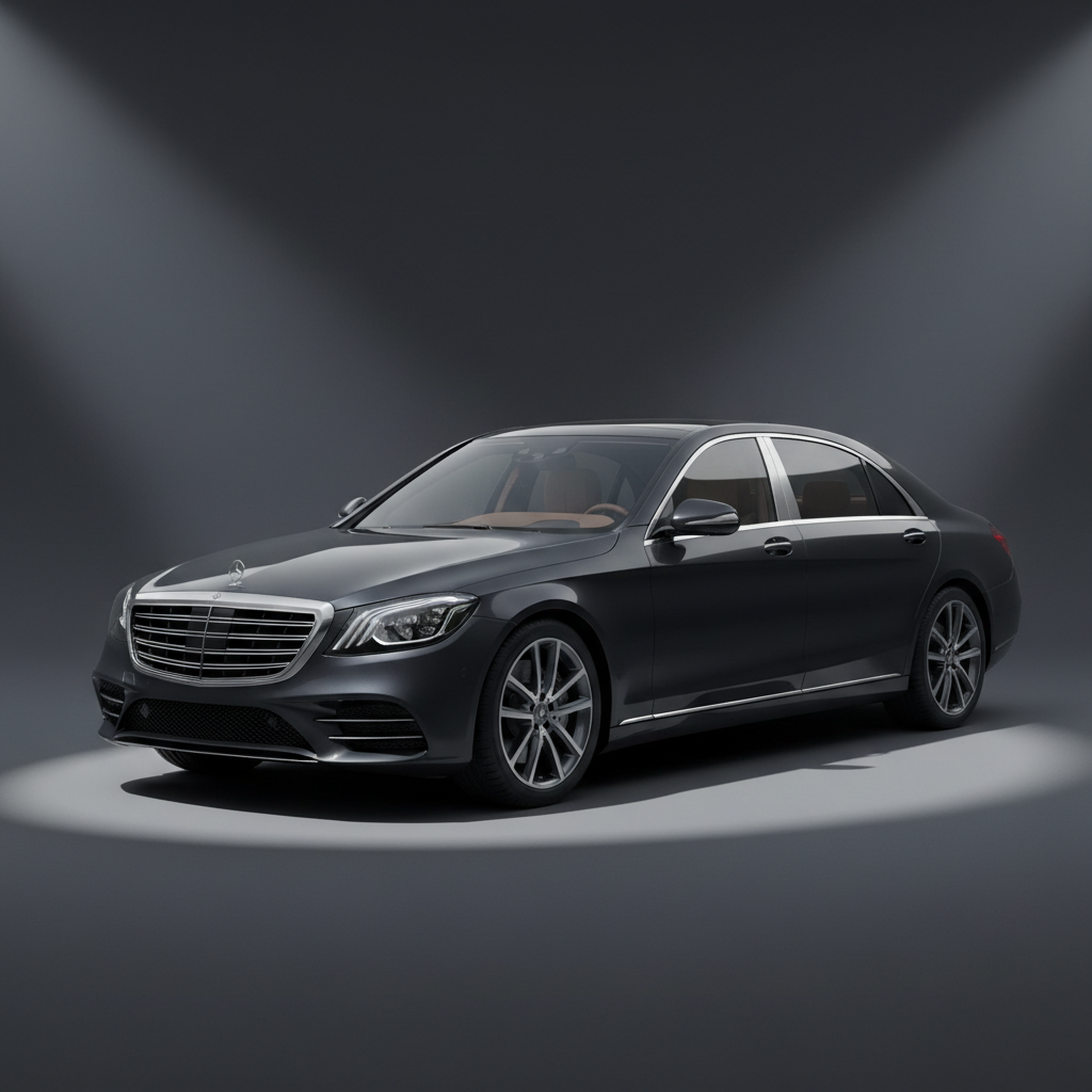 Dark Mercedes-Benz S-Class in dramatic spotlight, deep charcoal shadows, moody luxury automotive