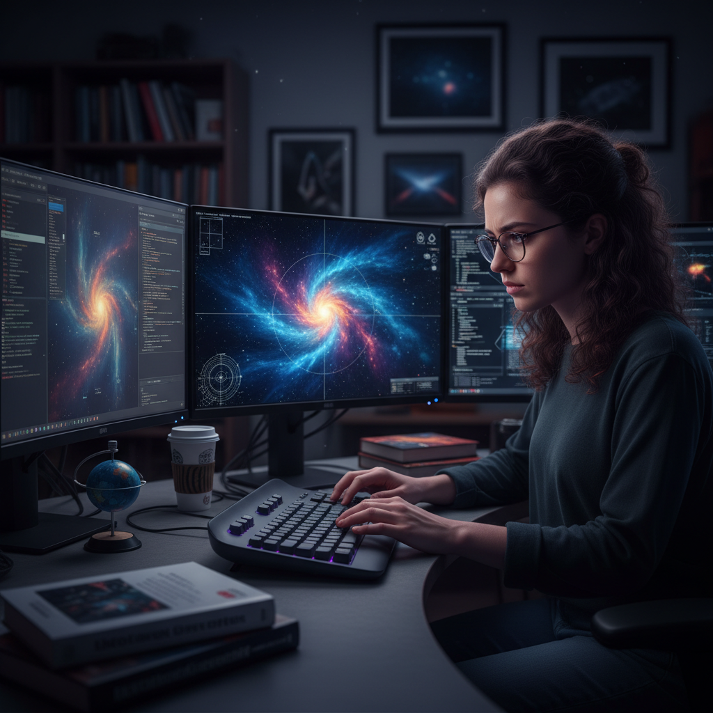 Dark cosmic digital artwork with swirling void patterns and faint gold star clusters, deep space atmosphere