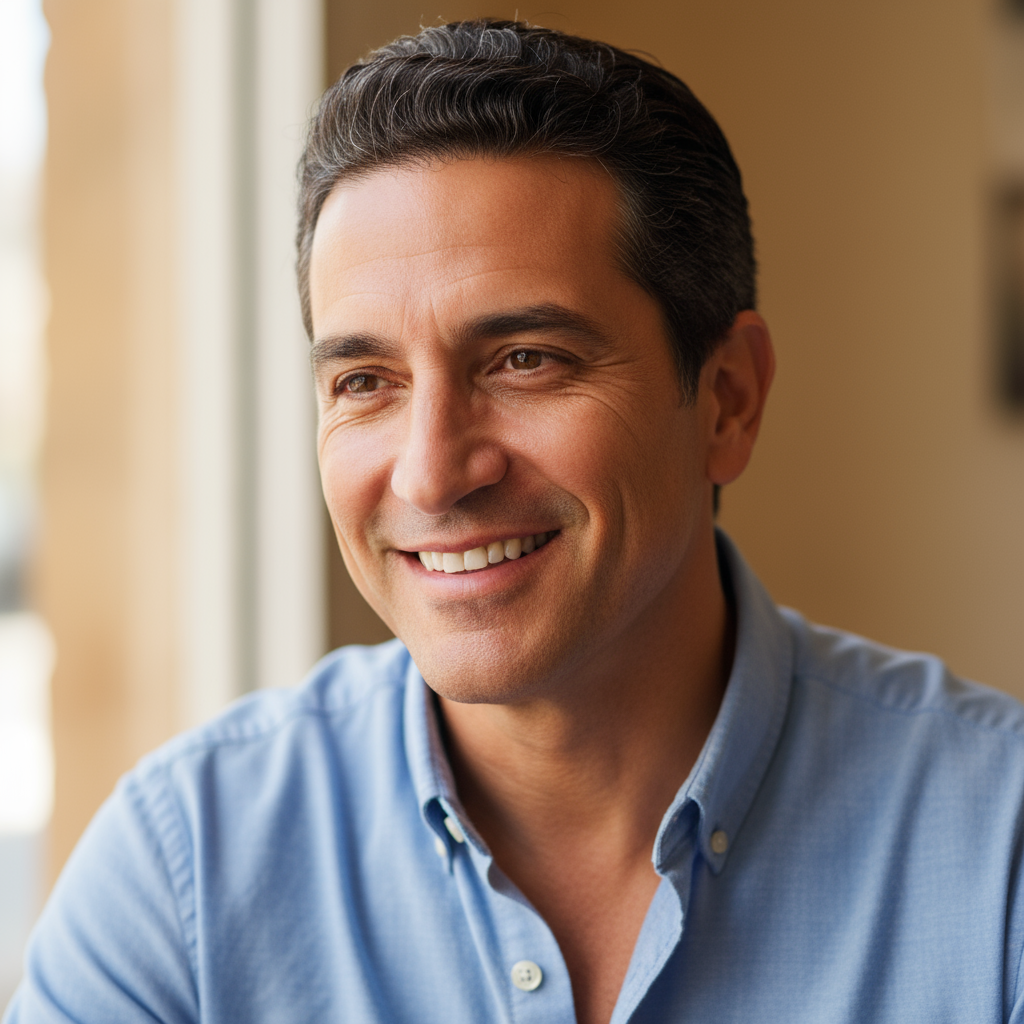 Hispanic man in his 40s with short dark hair wearing navy blue shirt and safety vest in construction site