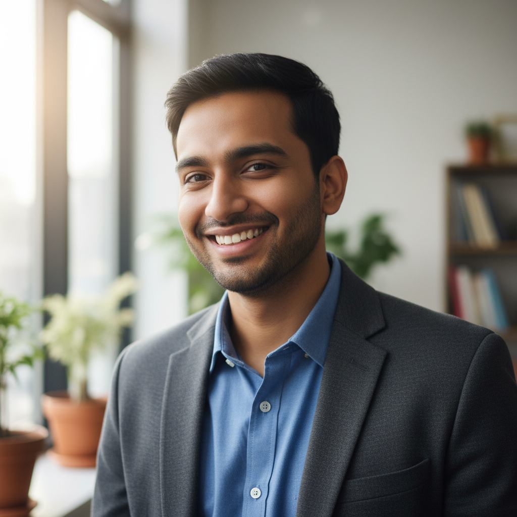 Professional photo of young Indian man in casual business attire with laptop in co-working space