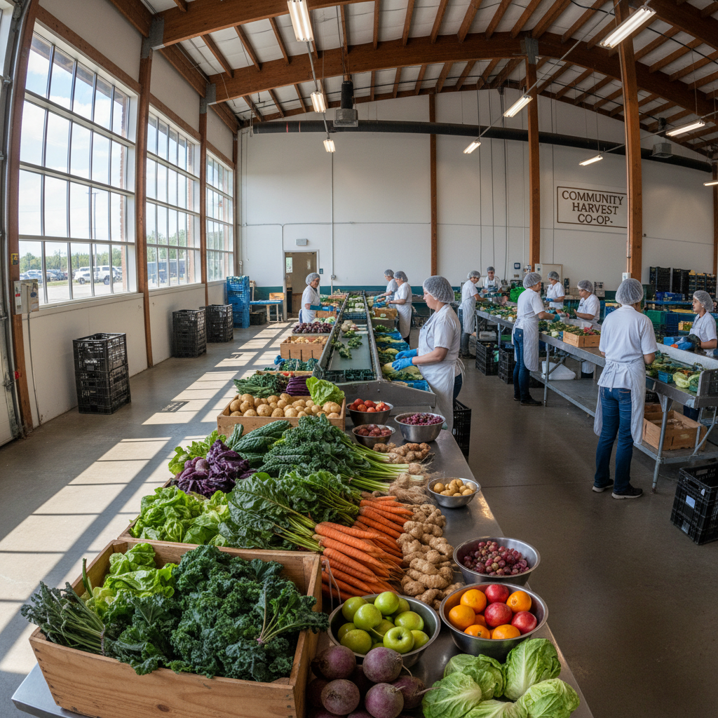 Fresh vegetables and produce at a cooperative sorting facility in Gujarat