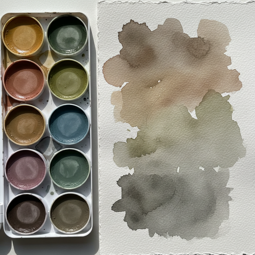Watercolor paint set with muddy washes on rough paper showing student grade pigment