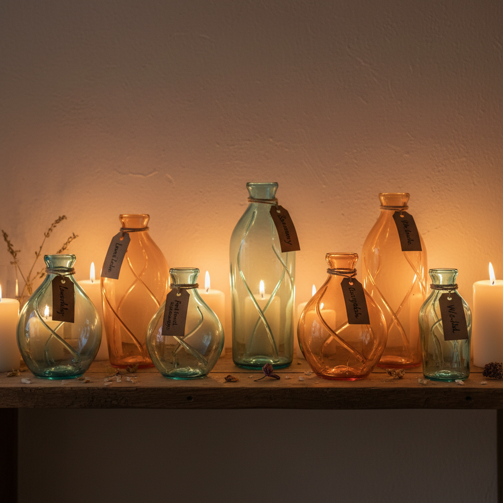 Handmade amber soy candles with botanical labels on wooden shelf, warm candlelight glow, cozy home setting