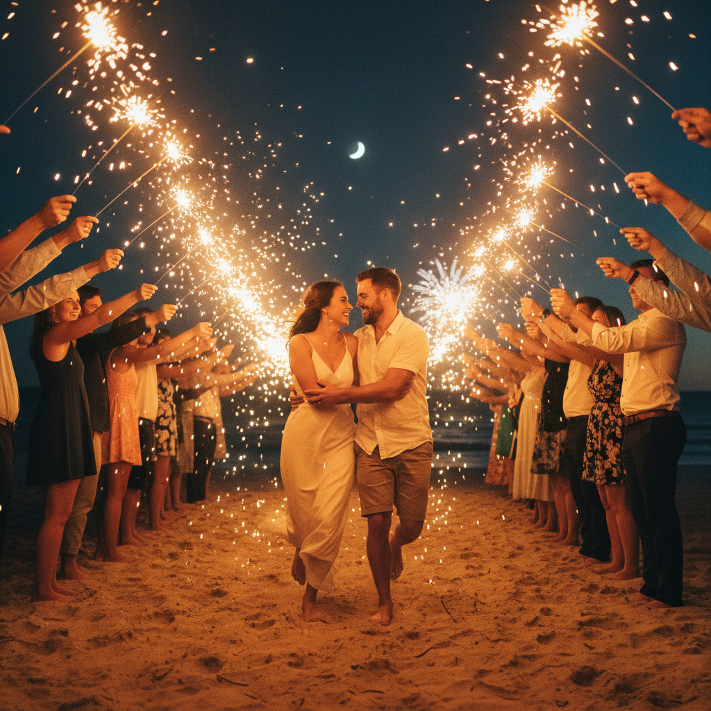 Sparkler send-off at end of reception, couple running through tunnel of light