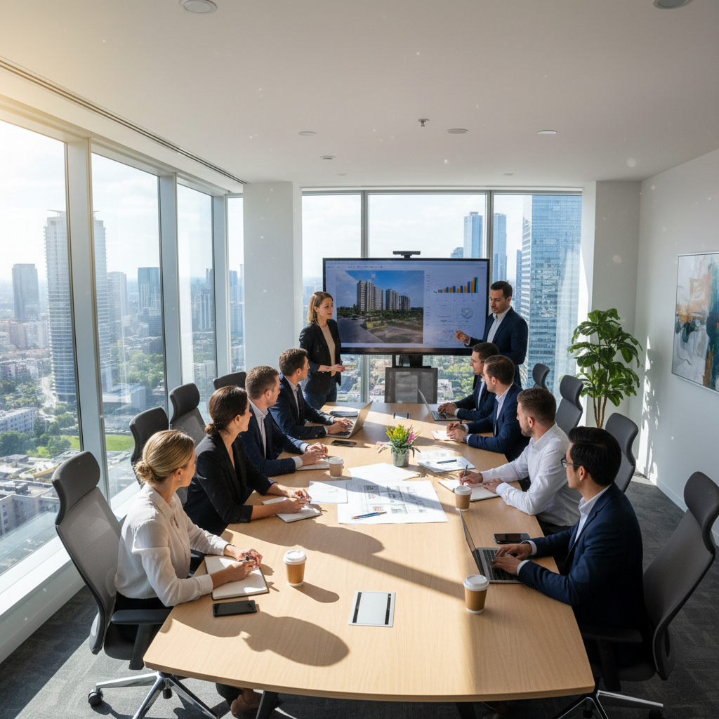 Baylat Properties office team meeting in Lagos — real estate professionals at work