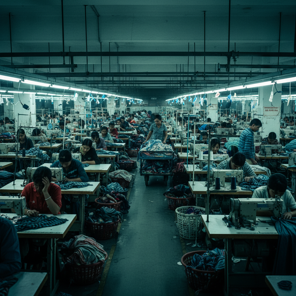 Garment factory workers in crowded conditions representing fast fashion labor violations
