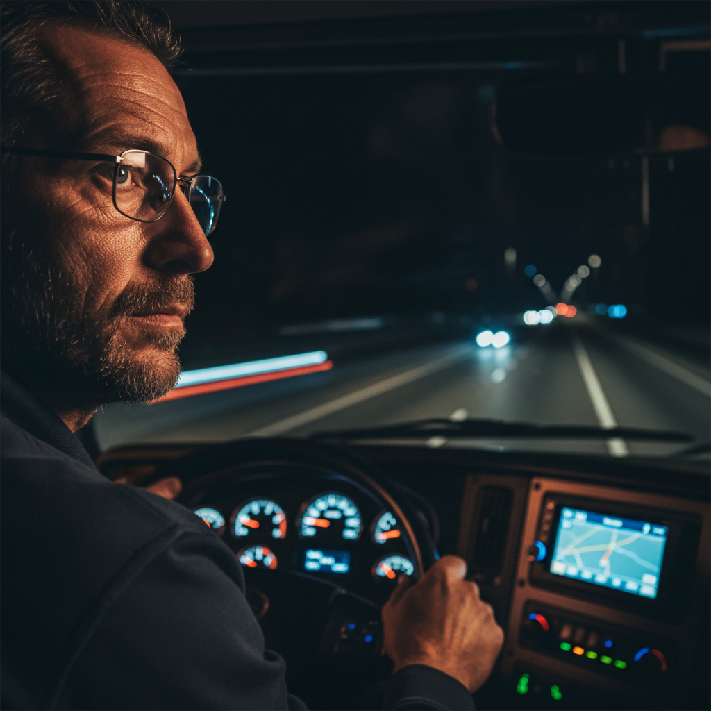 Long-haul truck driver in cab at night, dashboard lights illuminating determined face