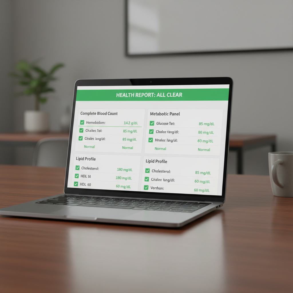 A secure digital health dashboard showing clean blood test results on a laptop screen