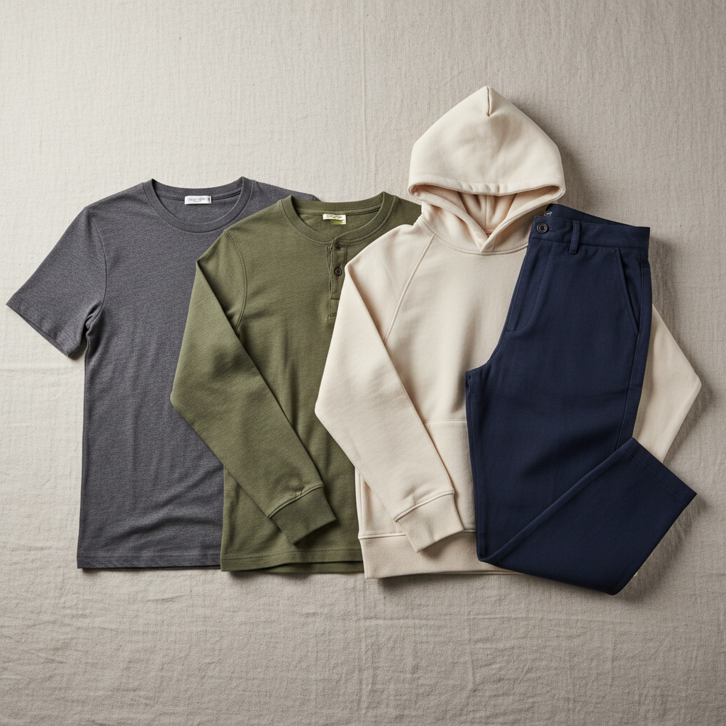 Casual outfit flat lay with neutral tones, linen shirt and chino trousers
