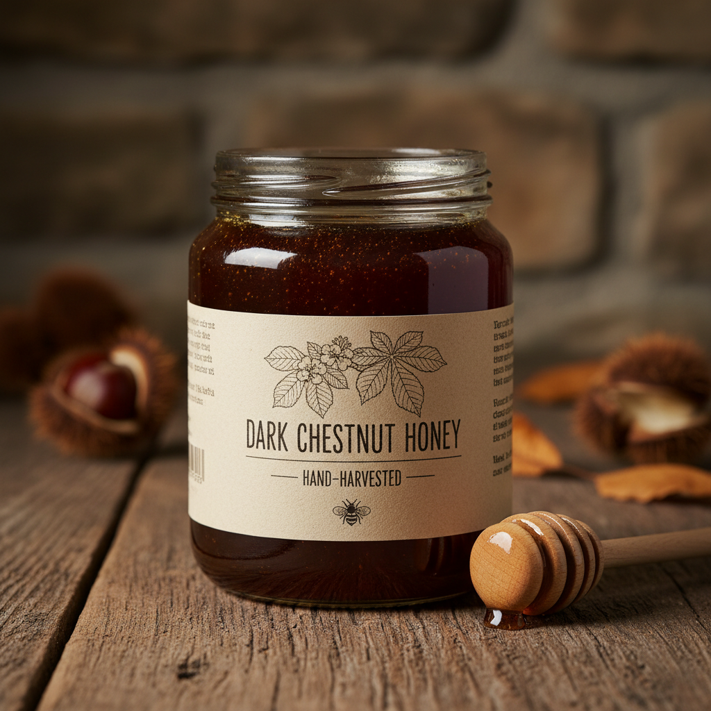 Dark amber wild honey in a rustic glass jar with wooden honey dipper on a natural surface