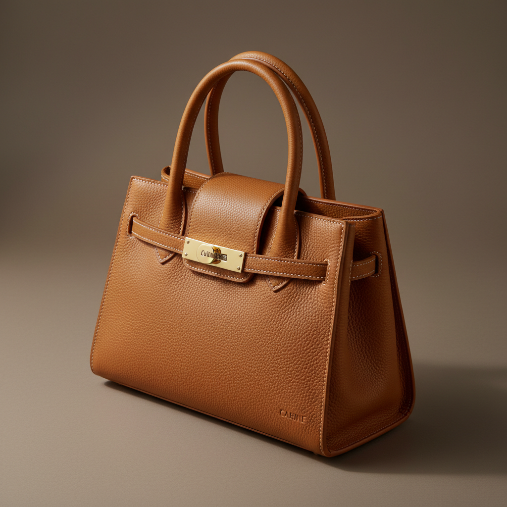 Luxury brown leather handbag on neutral beige background