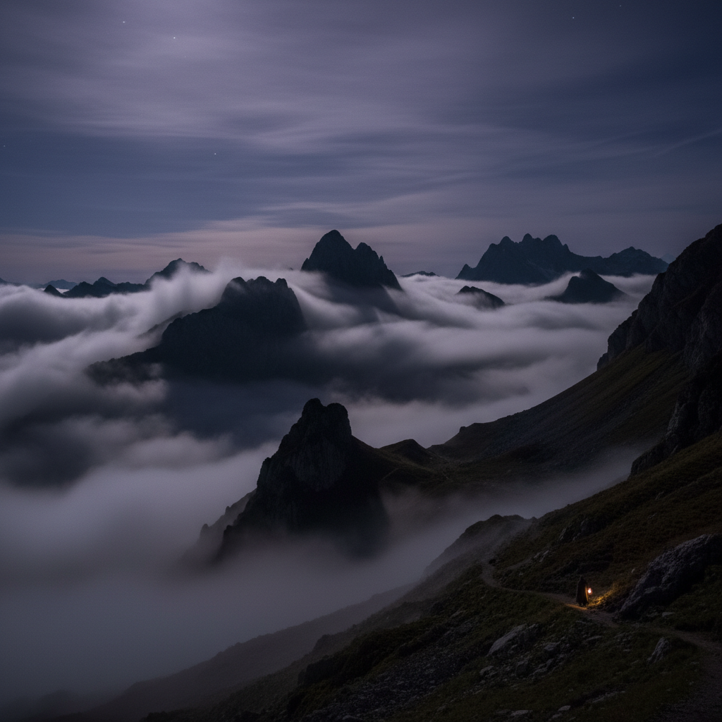 Atmospheric dark mountains and mist — evoking the Swiss Alps near Ried bei Frutigen, deep shadows and low-key night lighting