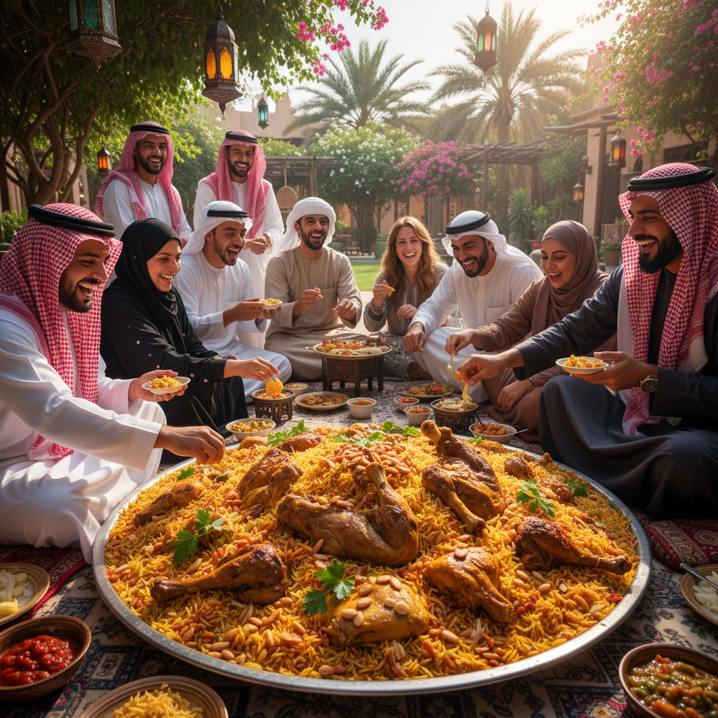 Laughing guests gathered around a large communal kabsa platter at an outdoor event