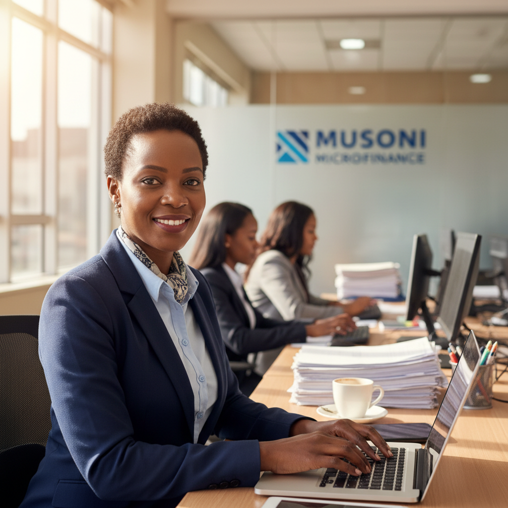 Professional South African businesswoman smiling, modern office setting, natural light