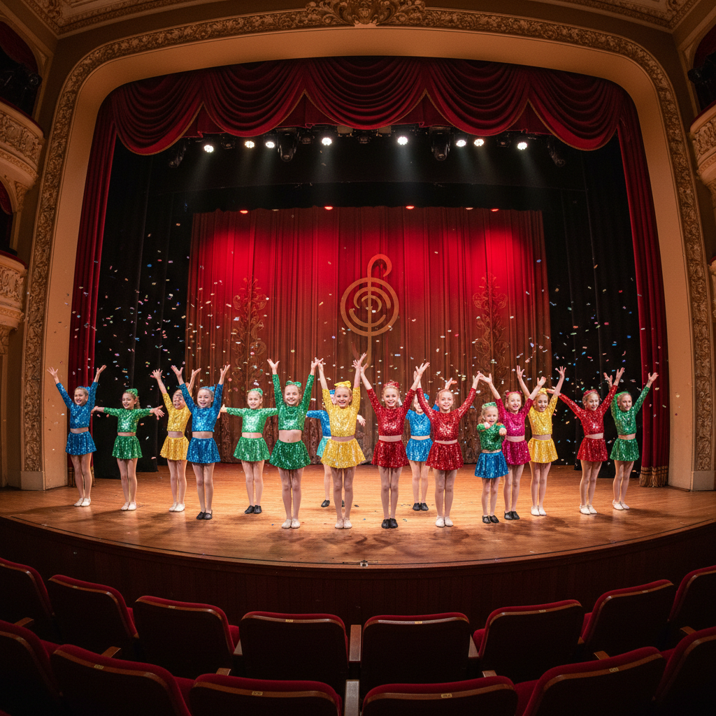 Kids on recital stage under golden lights, arms raised