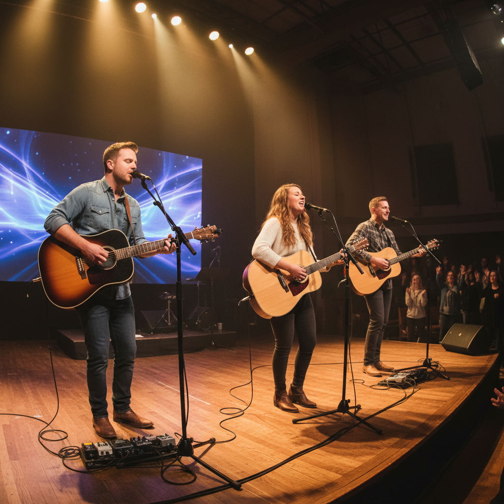 Worship band on stage with warm lighting in a church auditorium
