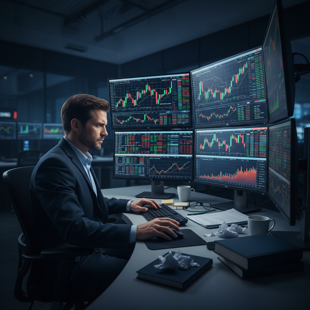 Master trader analyzing comprehensive market data with advanced trading tools and multiple monitors