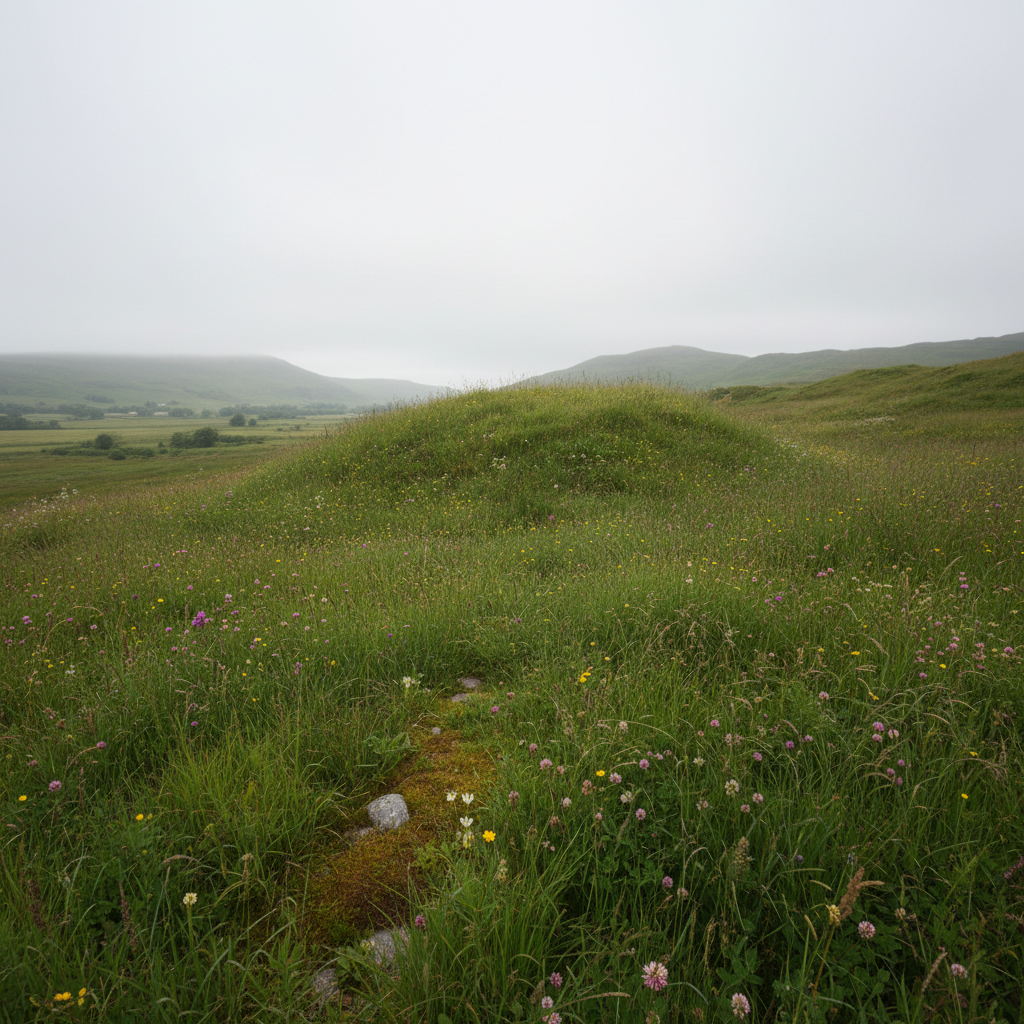 Overgrown hillside with no visible structure — the earth-sheltered home is completely hidden beneath the grass