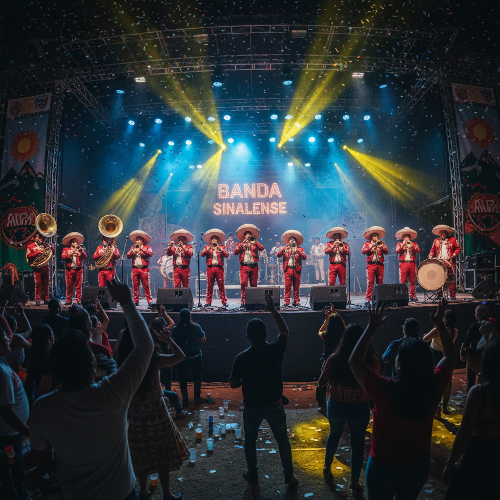 Brazilian pagode band performing together with big smiles under colorful stage lights