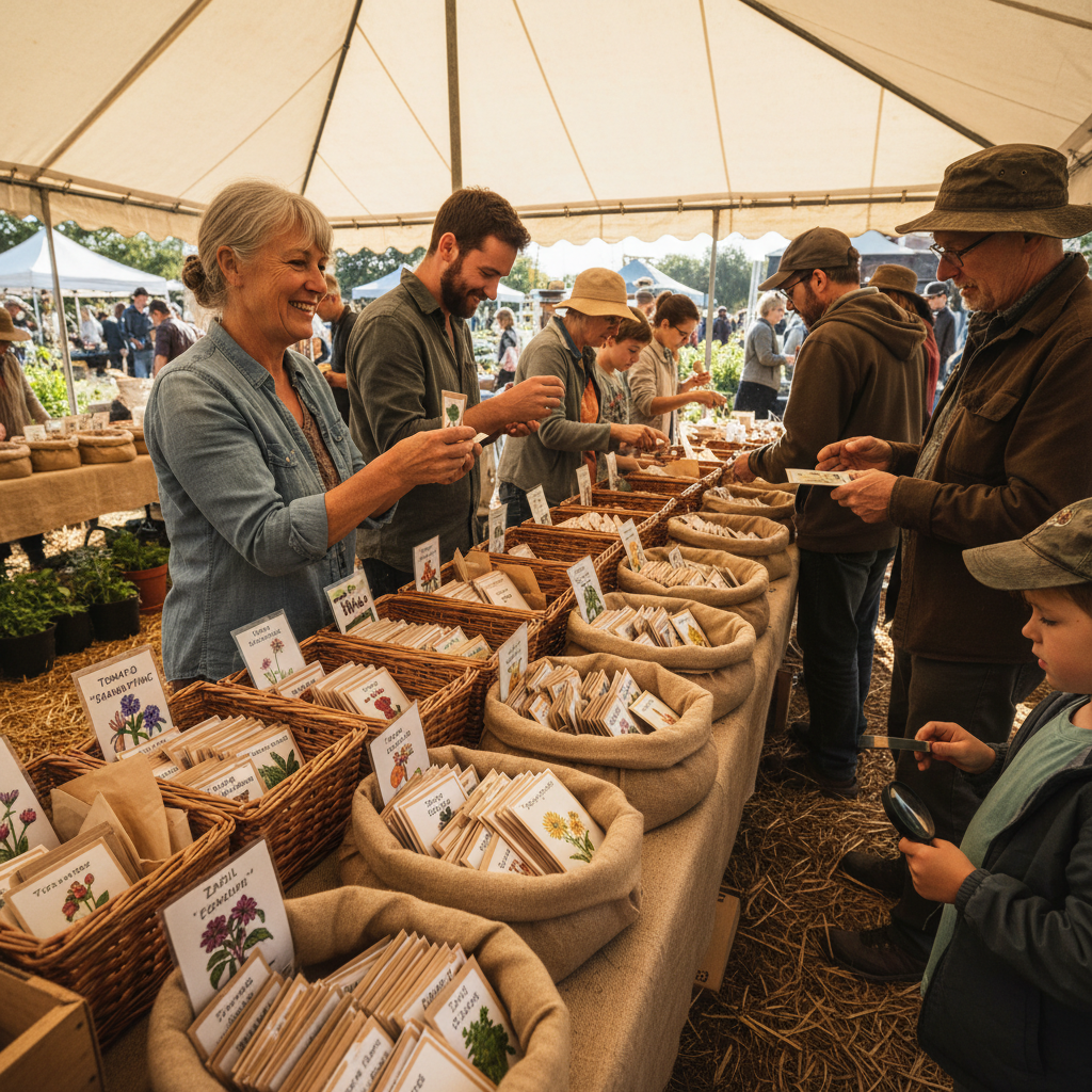 Community seed swap table with labeled seed envelopes and gardeners exchanging varieties