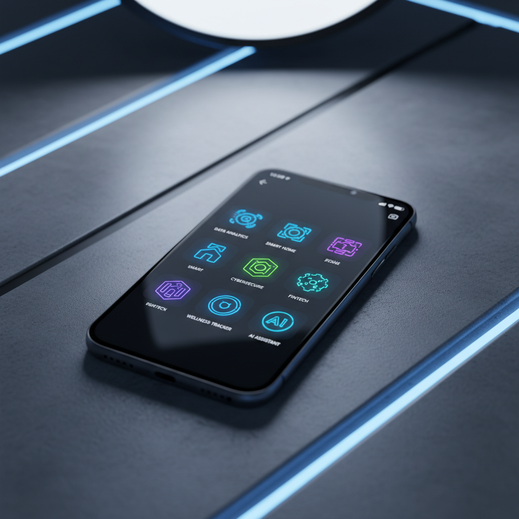 Dark smartphone with glowing app interface, deep black background, atmospheric tech lighting