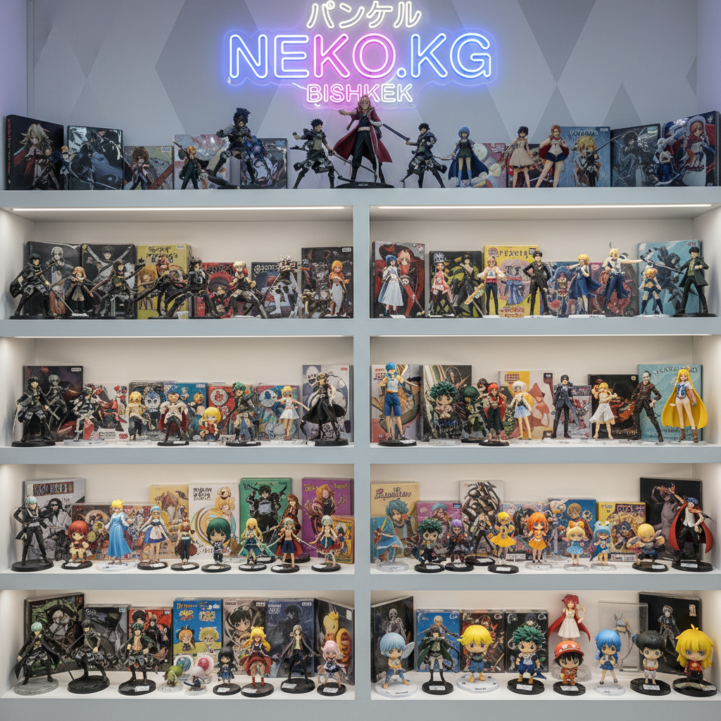 Colorful anime artwork and collectibles, vibrant saturated colors, fan merchandise display, playful aesthetic