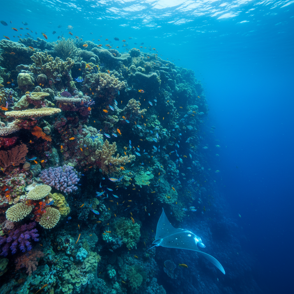 Dramatic reef wall dropping into deep blue ocean with colorful coral and fish visible along the vertical face
