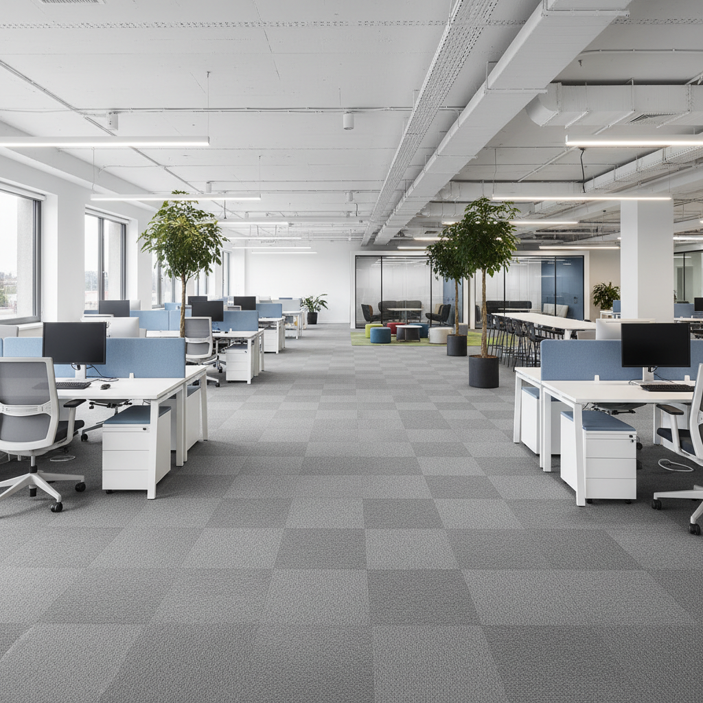 Open-plan commercial office with mid-grey loop pile carpet tiles laid to a 500 square metre floor plan