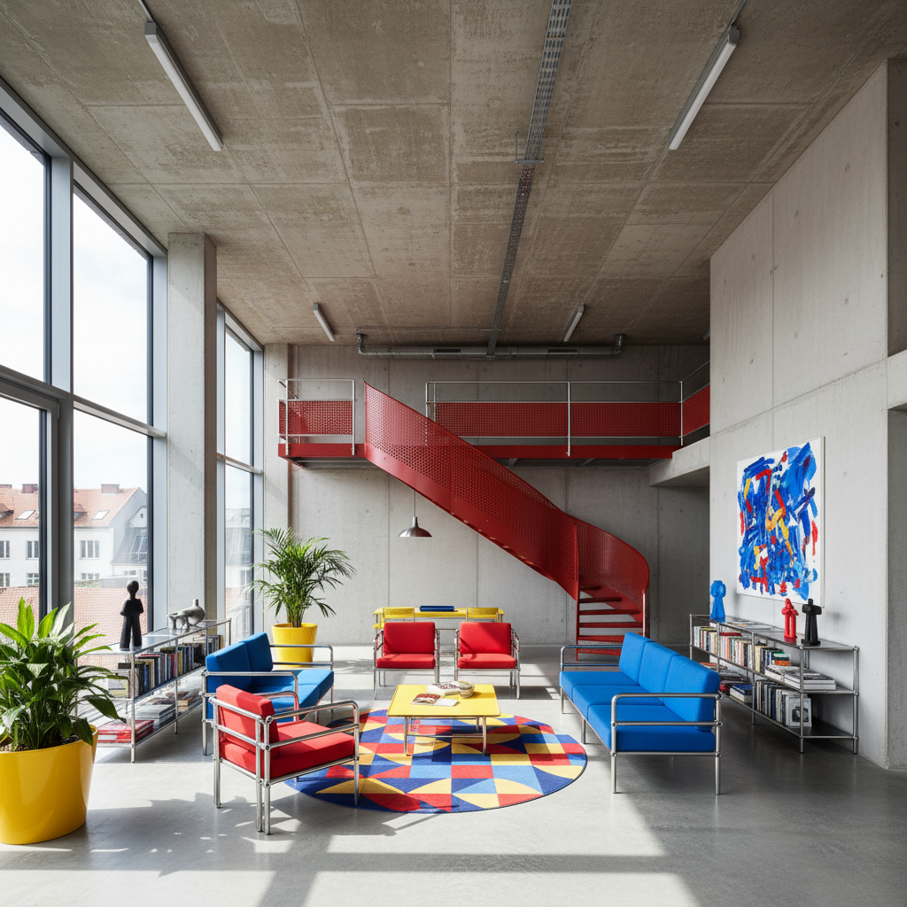 Contemporary commercial loft interior with open plan and dark steel accents in dim warehouse lighting