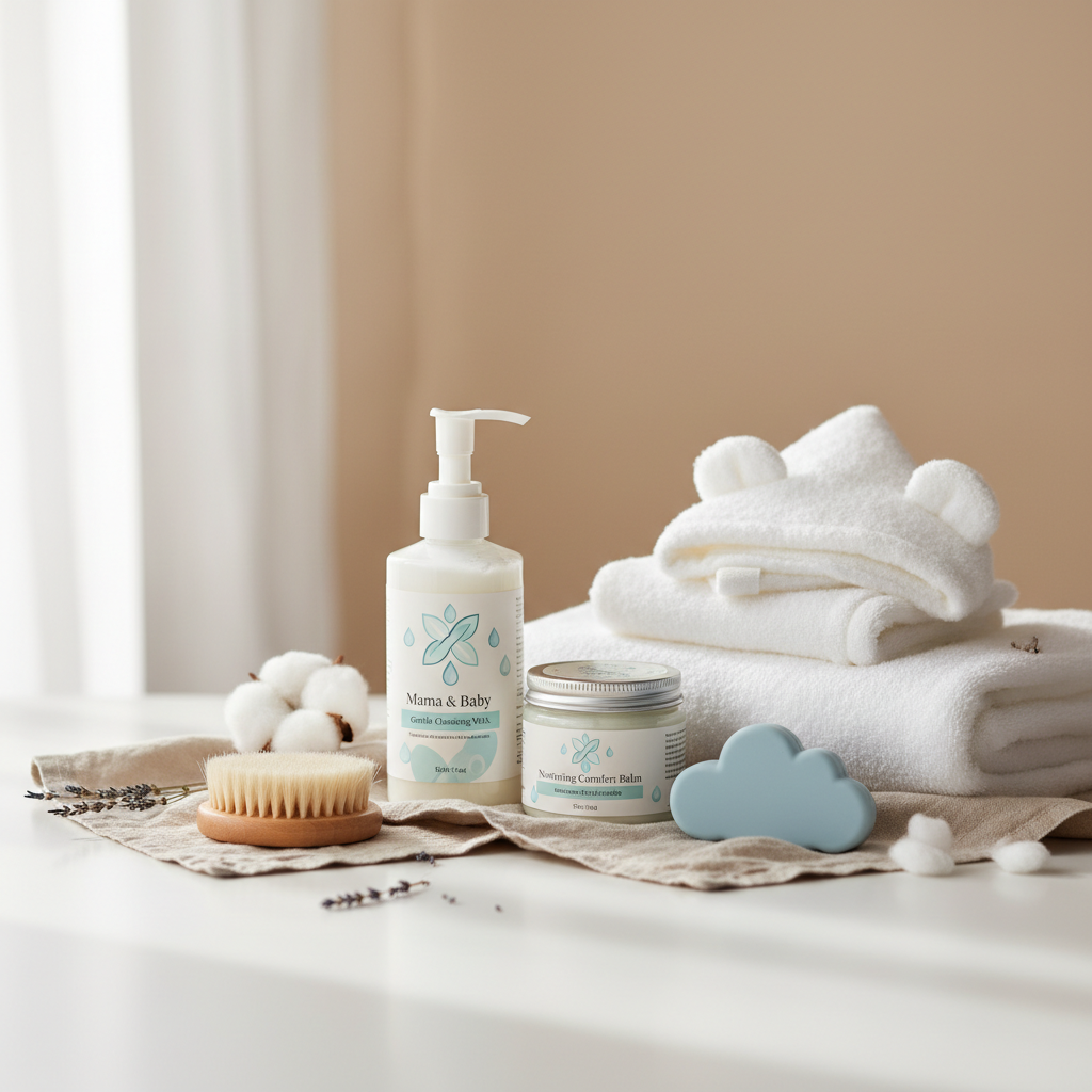 Soft pastel baby products including bottles, toys and care items on light background