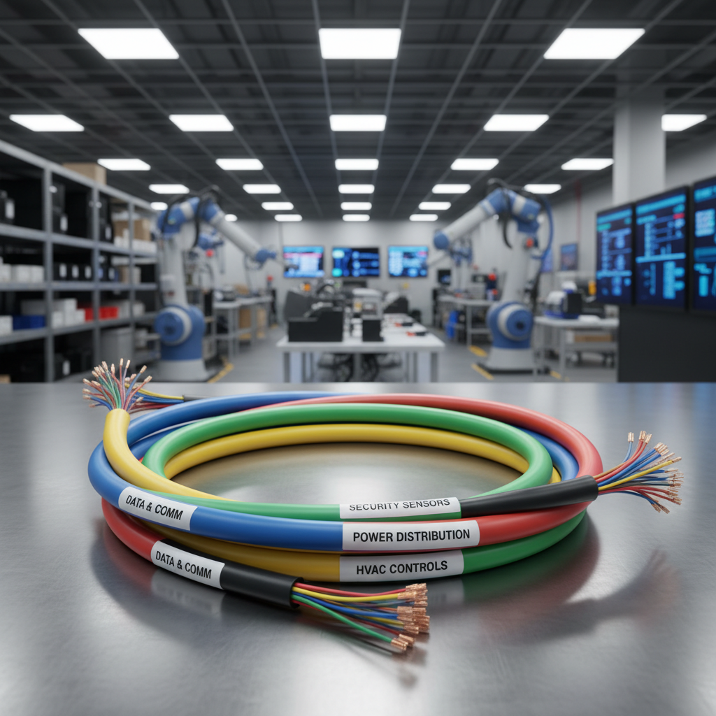 Smart home wiring harness with labeled conduits in factory setting