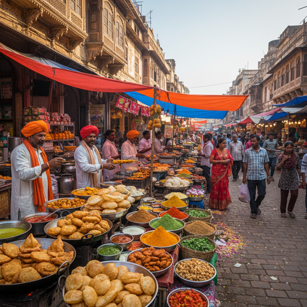 Colourful food stalls and street vendors at a famous food street in Bengaluru with traditional South Indian snacks